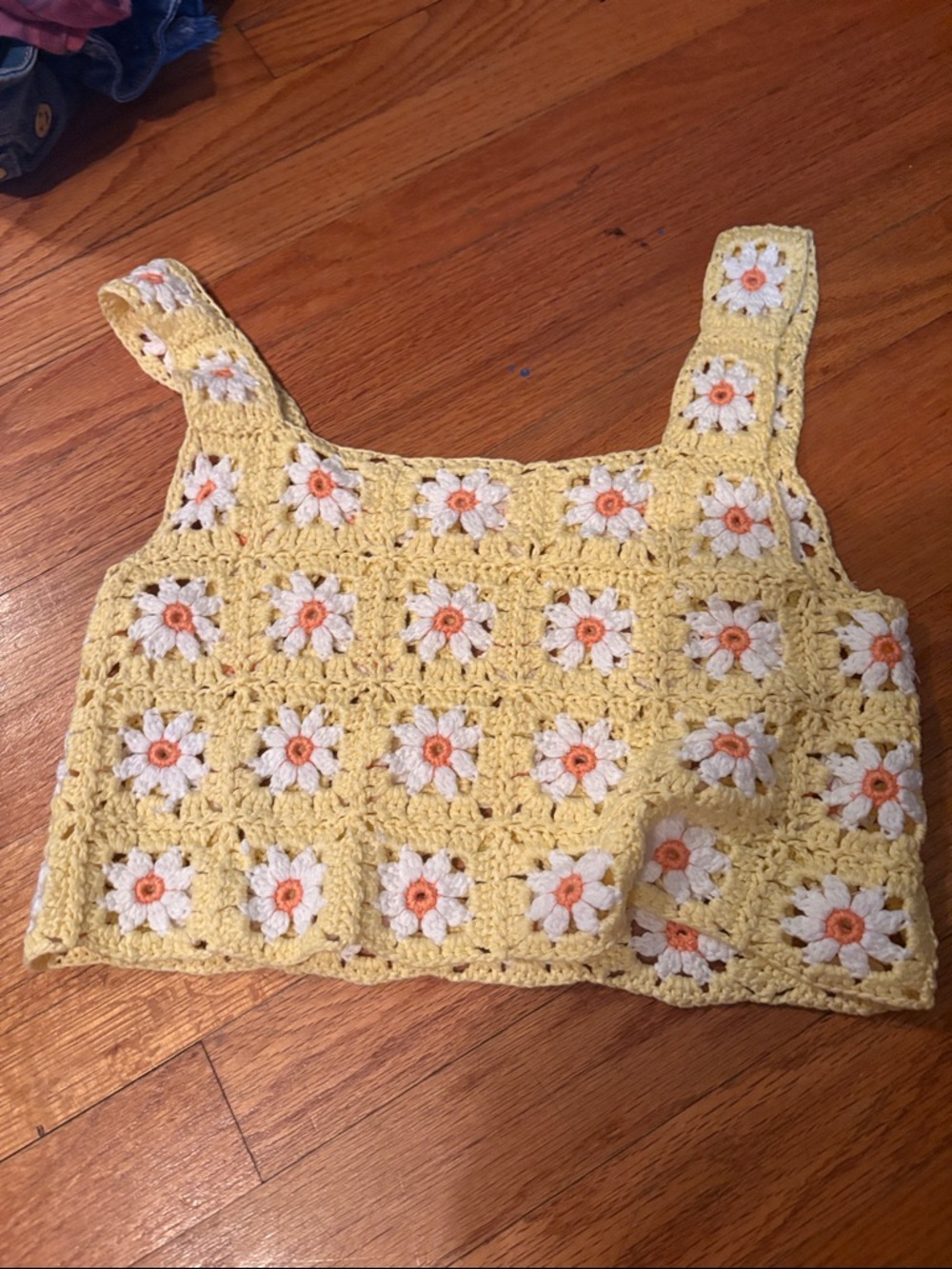 Altar'd State Yellow Crochet Daisy Tank with Peach Center